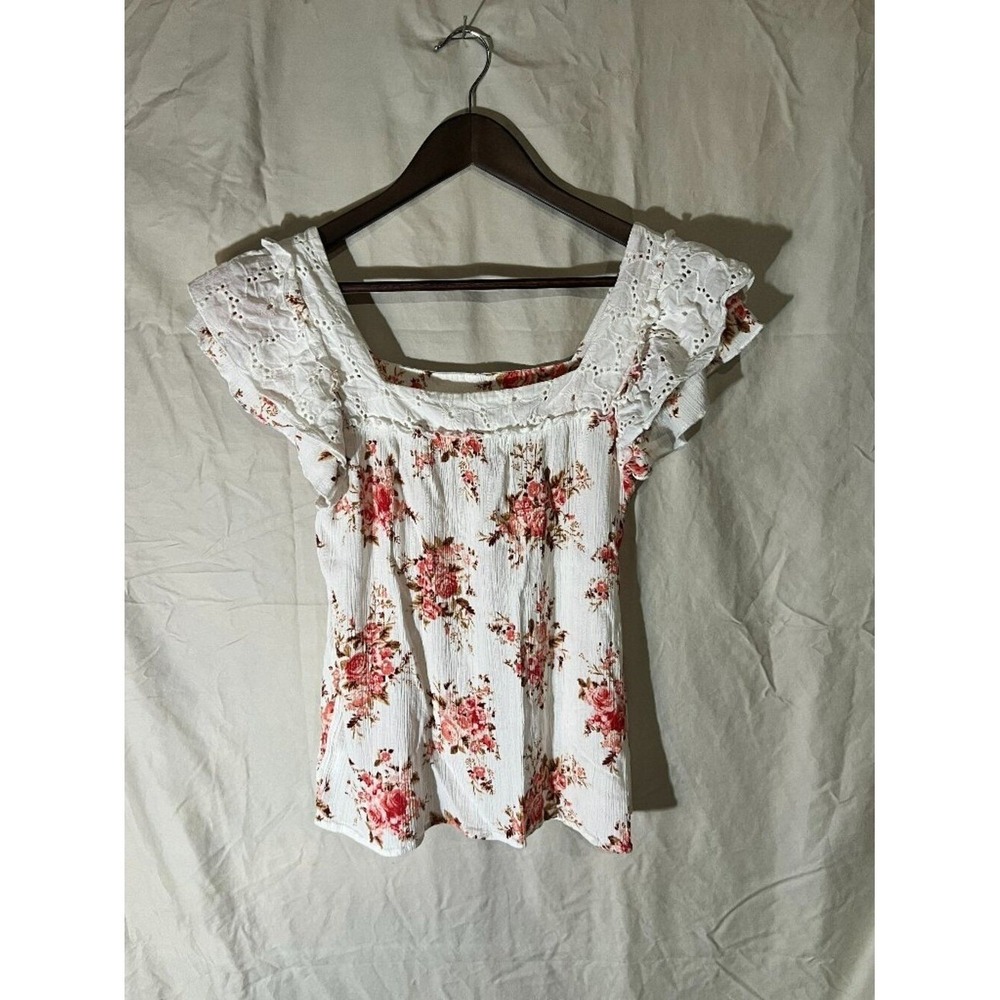 Thread & Clover White Pink Floral Eyelet Ruffle Sleeve Tunic Med Womens Peasant